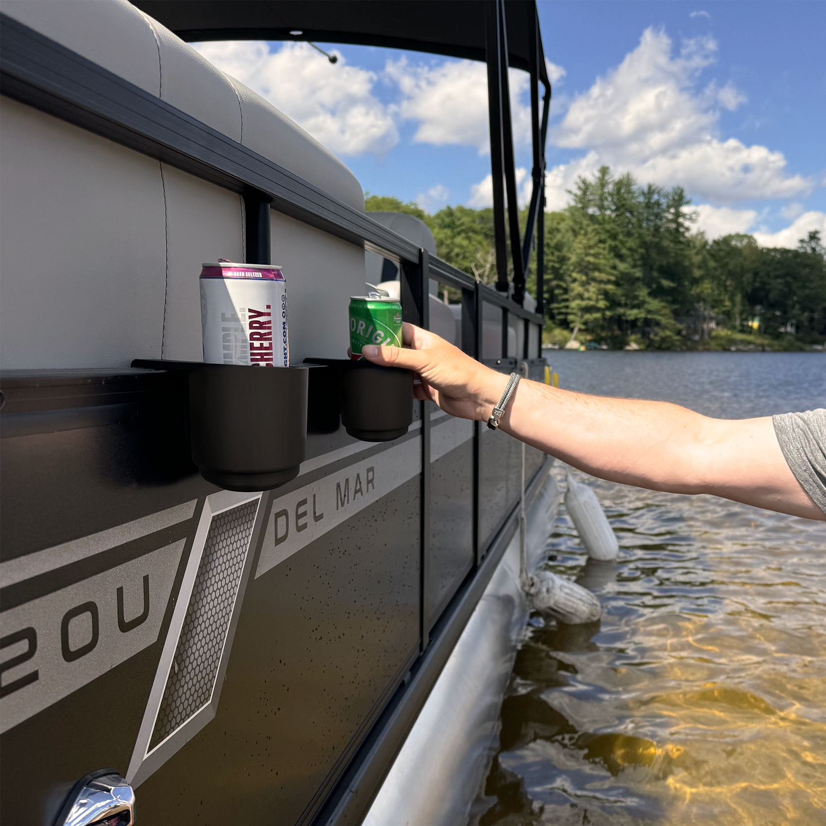 Pontoon boat cup holder on outside of boat
